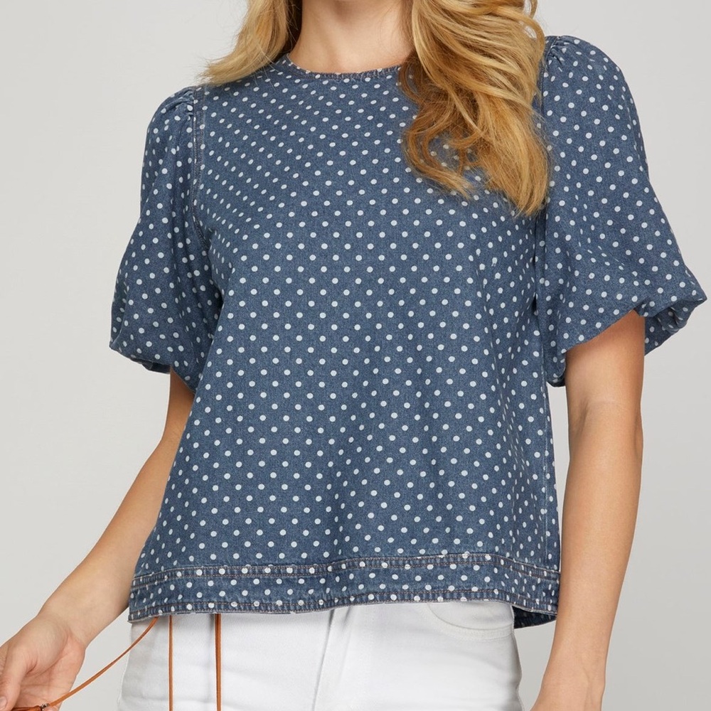 Denim Polka Dot Puff Sleeve Top